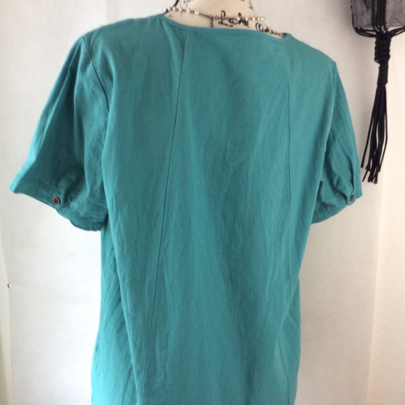 Teal Boho Floral Embroidered Short Sleeve Top XL - Picture 5 of 12